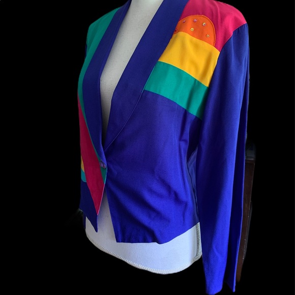 Vtg 80’s City Girl Blue Rainbow Cropped Blazer 6 - Picture 13 of 14